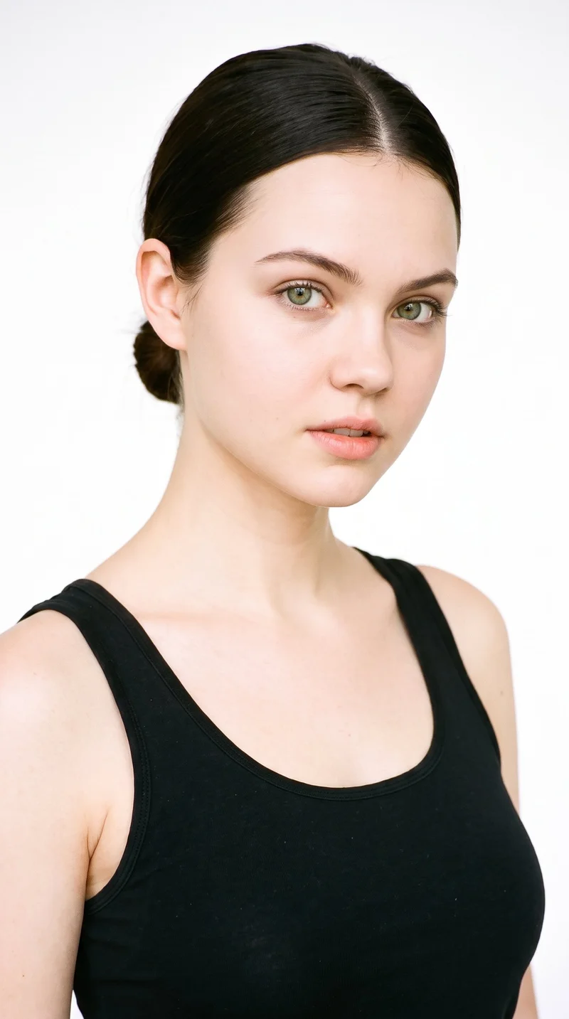 This 21-year-old Caucasian woman has porcelain skin with a warm golden undertone and a soft, youthful baby-face shape defined by full cheeks and rounded contours. She has thin eyebrows, green eyes, and thin lips. Her dark-brown hair is smoothed back into a neat low bun at the nape.