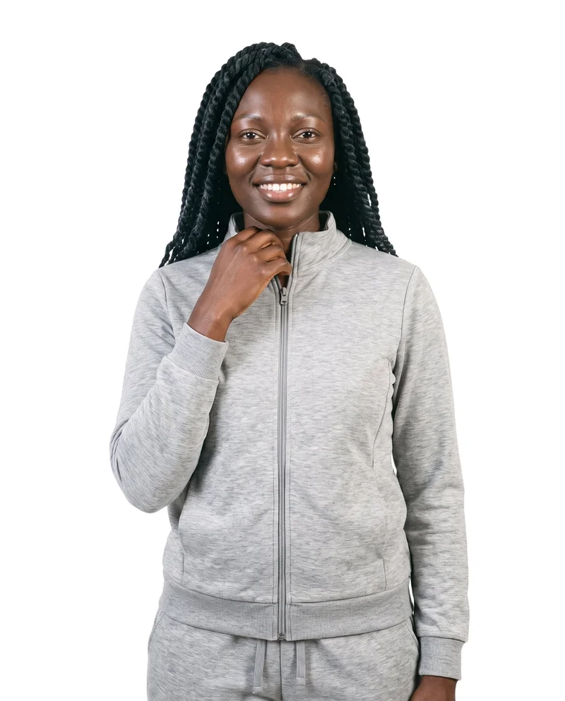 Women's Grey Marl Tracksuit, Upper body at Front, Studio Cutout lighting