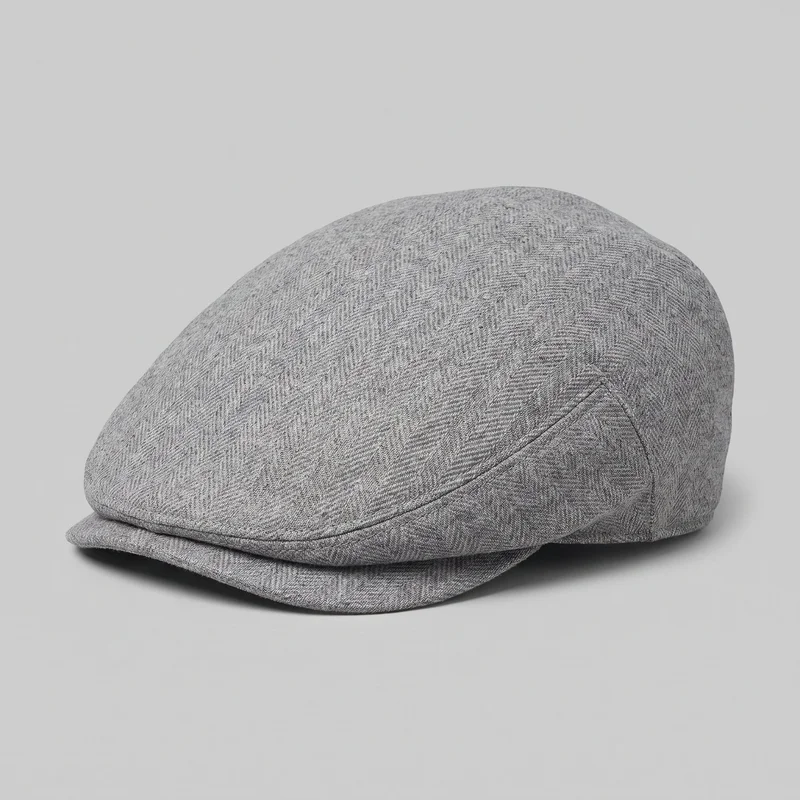 A mostly complete women's grey wool flat cap is shown from a front three-quarter angle against a plain product backdrop. The cap has a low rounded crown, a short forward brim tucked beneath the curved front edge, all-over herringbone patterning with subtle speckling, edge piping around the front and lower perimeter, a curved side-panel seam, and a narrow lower band.