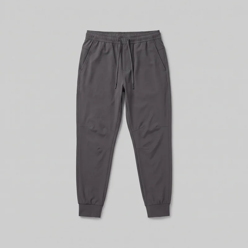 Men's charcoal tech jogger pants shown laid flat in a complete straight front view. They have a relaxed fit through the hips and thighs, tapered full-length legs, a gathered elastic waistband with a visible front drawstring, a mock fly seam, angled front hip pockets, vertical side seam detailing, articulated knee and lower-leg panels, and elasticized ankle cuffs. No logos, prints, patches, embroidery, or embellishments are visible.