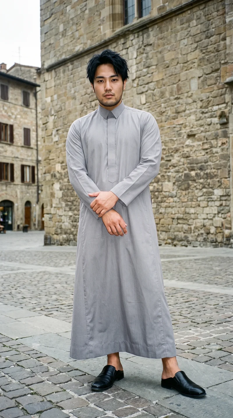 Grey Cotton Thobe, Full body at Front, Natural E-Commerce lighting