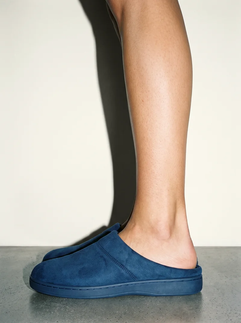 Women's Navy Mule Slippers, Ankle at Side, Flash Editorial lighting