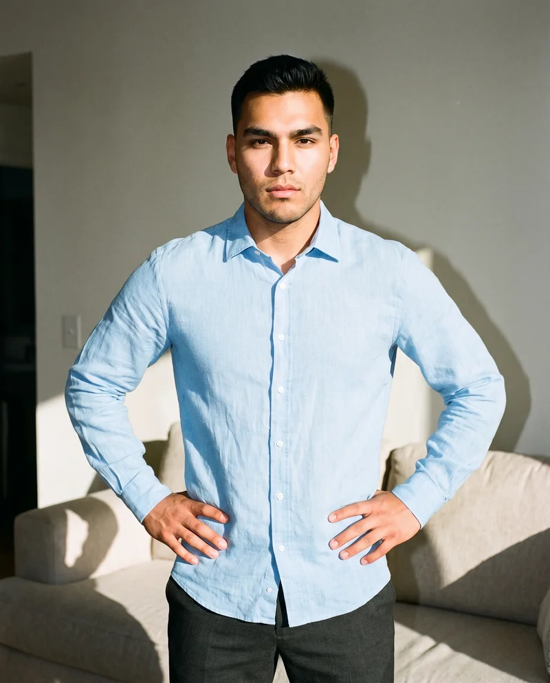 Sky Blue Linen Shirt, Three-quarter length at Front, Flash Editorial lighting