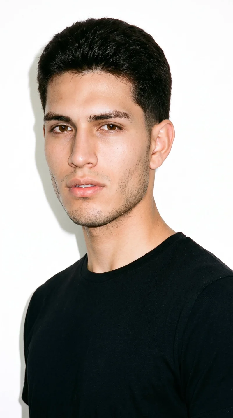 A 19-year-old Hispanic male with a light-tan, neutral-toned complexion and a square face defined by a broad forehead and strong, angular jaw. He has thick eyebrows, brown eyes, medium lips, and a clean-shaven face. His dark-brown hair is styled in a taper, gradually shortening at the sides and neckline while retaining length on top.