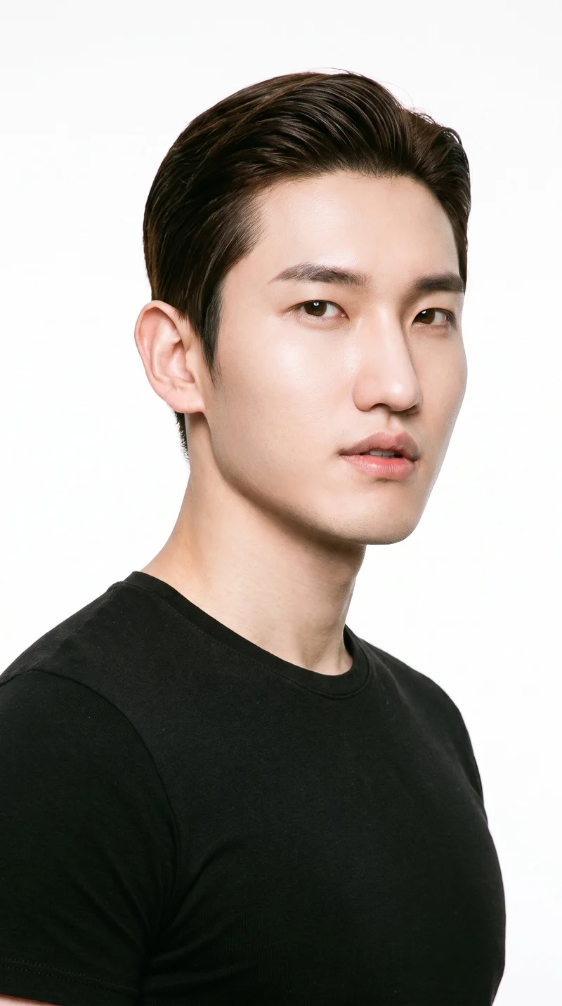 A 21-year-old Korean man with a light porcelain skin tone and cool undertone. His square face has a broad forehead and a strong, defined jaw, creating an angular, structured appearance. He has thin eyebrows, brown eyes, and full lips. His dark-brown hair is combed flat and back close to the head, and he is clean-shaven with smooth skin across the whole face.