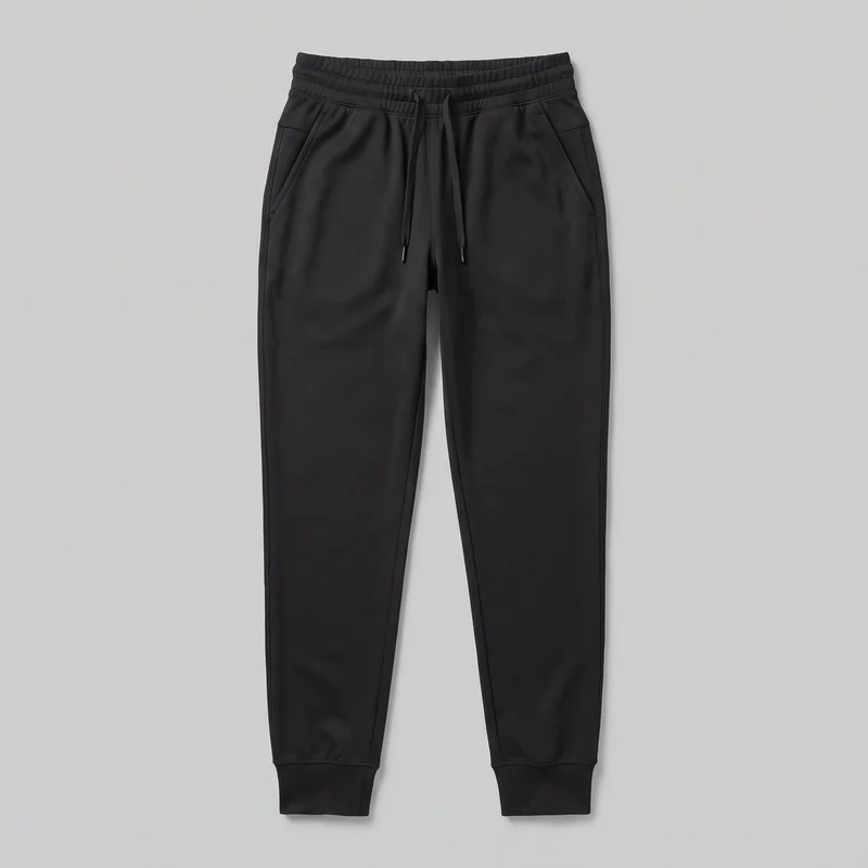 Women's black performance jogger pants are shown laid flat in a full front view against a plain backdrop. The full-length sweatpants have a relaxed fit through the hips and thighs, tapered legs, an elasticated pull-on waistband with a front drawstring, two angled front slash pockets, side seam stitching, a center-front seam below the waistband, and banded ankle cuffs.
