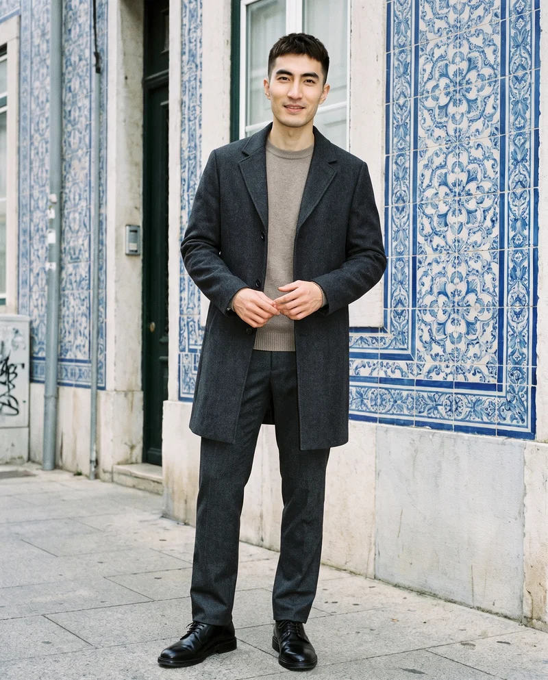 A 34-year-old Chinese man is shown full body from the front, wearing a charcoal overcoat with his hands held in front. He is smiling, with a Portuguese tile street backdrop behind him.