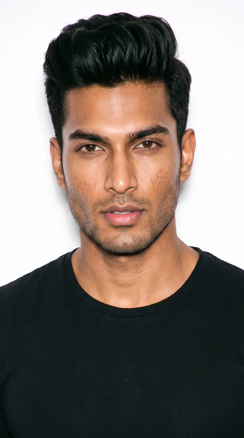 A 28-year-old Indian man with a medium-brown caramel skin tone and olive-green undertone. His diamond-shaped face has a narrow forehead and jaw, with the greatest width at the cheekbones. He has medium-thickness eyebrows, very dark near-black eyes, and full lips. His deep black hair is styled in a quiff, swept up and back at the front with shorter sides, and fine closely trimmed stubble lightly covers the beard area.