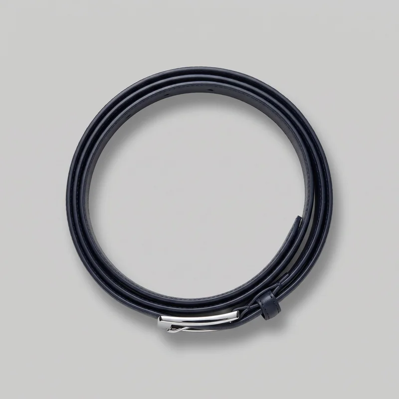 A slim navy formal belt is shown coiled into a circular shape from above. The smooth narrow strap has clean stitched edges, a tapered free end, visible adjustment holes, and a polished elongated rectangular single-prong buckle with a matching keeper loop beside it.