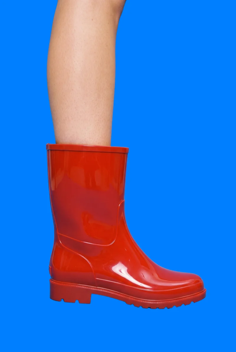 Women's Red Rain Boots, Ankle at Side, Studio Cutout lighting