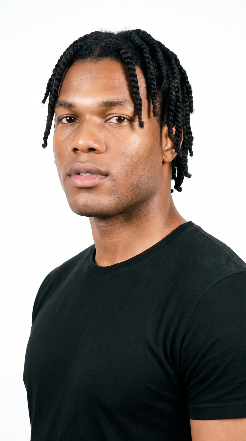 A 26-year-old African man with medium-brown skin and a neutral undertone. His square face has a broad forehead and a strong, defined jaw, creating an angular, structured appearance. He has medium-thick eyebrows, brown eyes, and medium-sized lips. His black hair is divided into defined sections and formed into rope-like twists. He is clean-shaven, with smooth skin across the whole face.