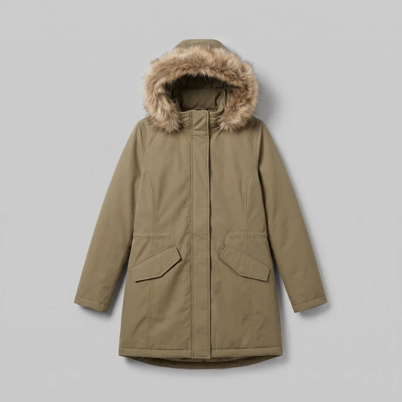 Women's khaki hooded parka shown in a mostly complete standalone front view. The longline coat has a full fluffy trim around the hood opening, a high stand collar, long sleeves with plain cuffs, a full-length storm placket, vertical front panel seams, and two lower patch-style pockets with angled flap closures. A subtly curved back hem extends below the front hem.