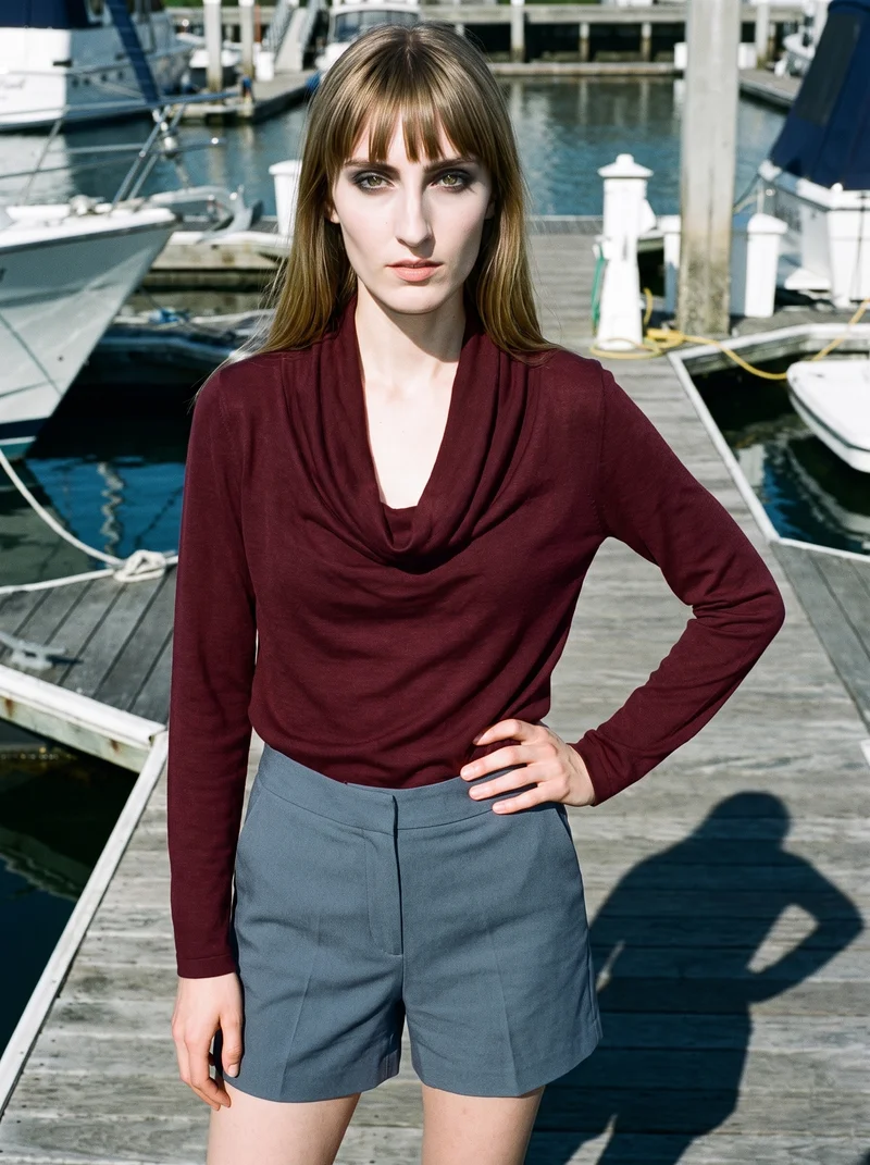 A 24-year-old Caucasian woman wears a burgundy cowl-neck top in a three-quarter-length front view, with one hand on her waist and a neutral expression. A golden marina yacht harbor serves as the backdrop.