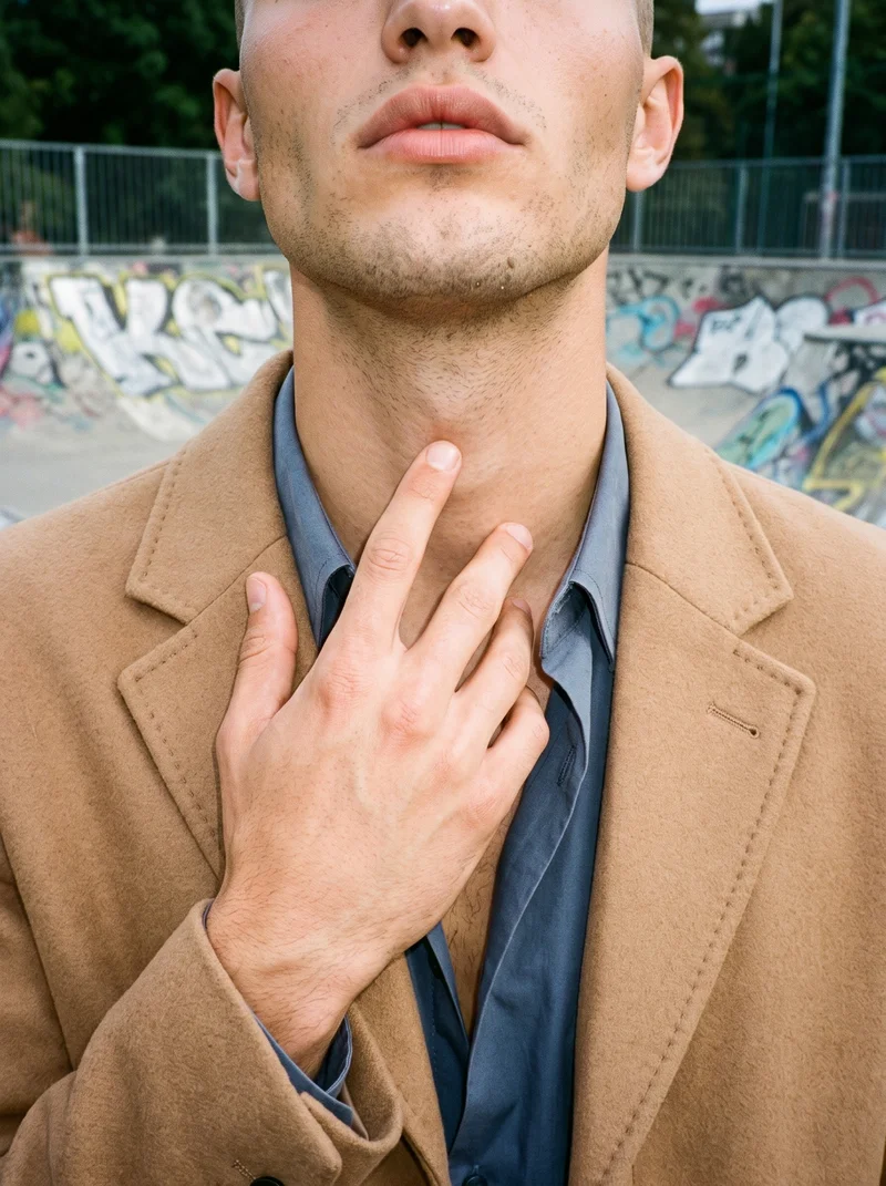 A male model is shown from the neck up in a front view wearing a men's camel wool coat, with one finger placed at his throat. A skate park serves as the backdrop.