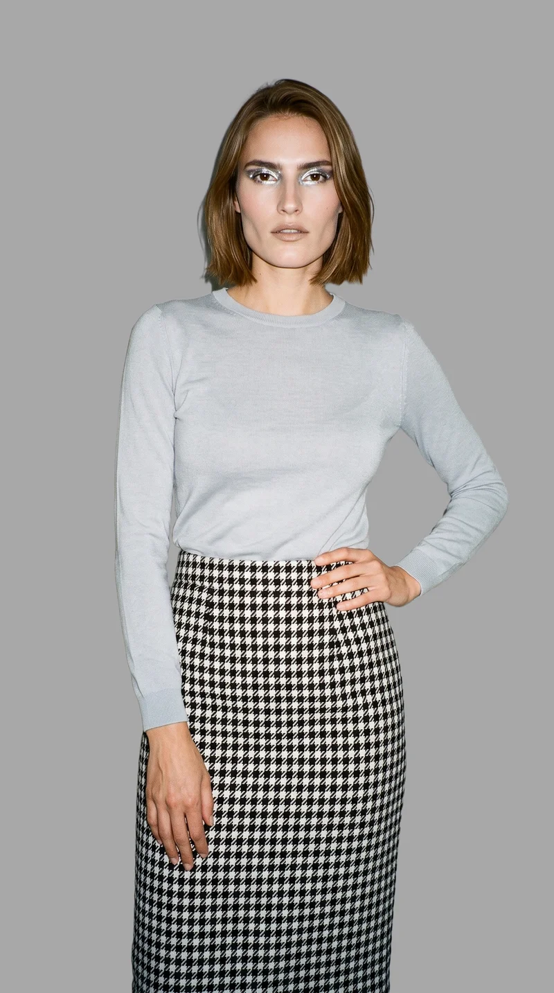 Houndstooth Pencil Skirt, Three-quarter length at Front, Studio Cutout lighting