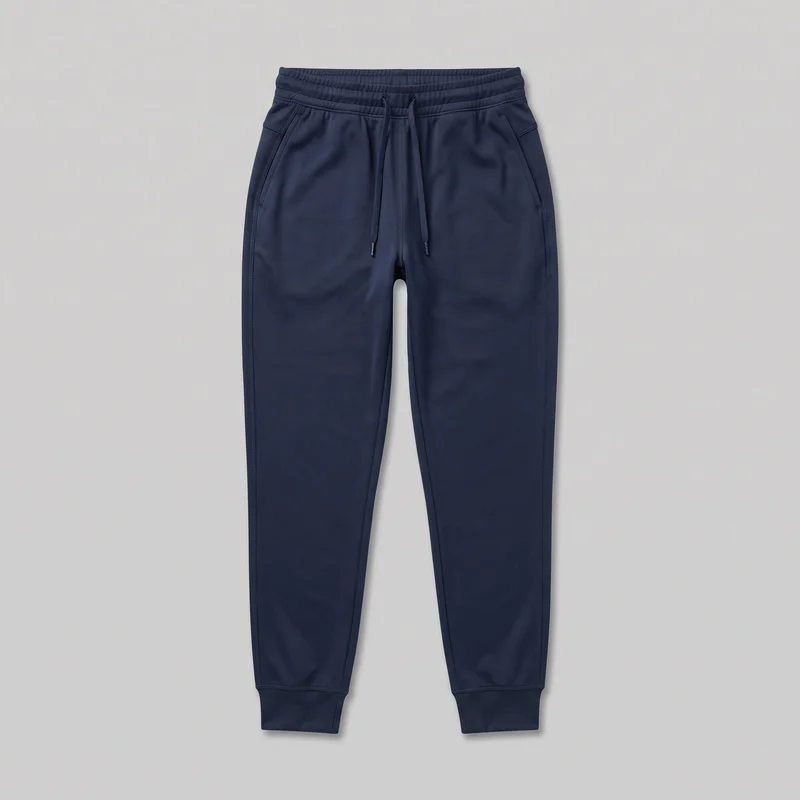 Women's navy pull-on jogger sweatpants shown in a complete front flat-lay view. The pants have a wide elastic waistband with horizontal stitch channels and a centered drawstring, two angled front pockets, tapered full-length legs, and gathered ribbed ankle cuffs.