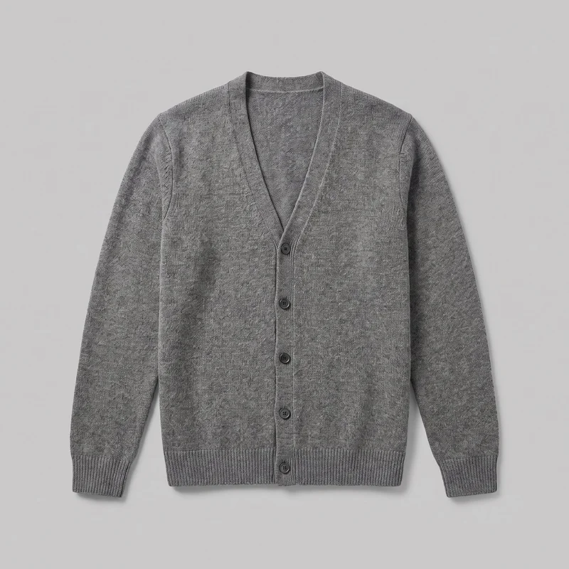 A men's grey knit cardigan is shown laid flat in a complete front view. It has a V-neck with ribbed edge trim, a central five-button placket, long sleeves with ribbed cuffs, slightly dropped shoulders, and a straight hip-length hem with a wide ribbed bottom band.