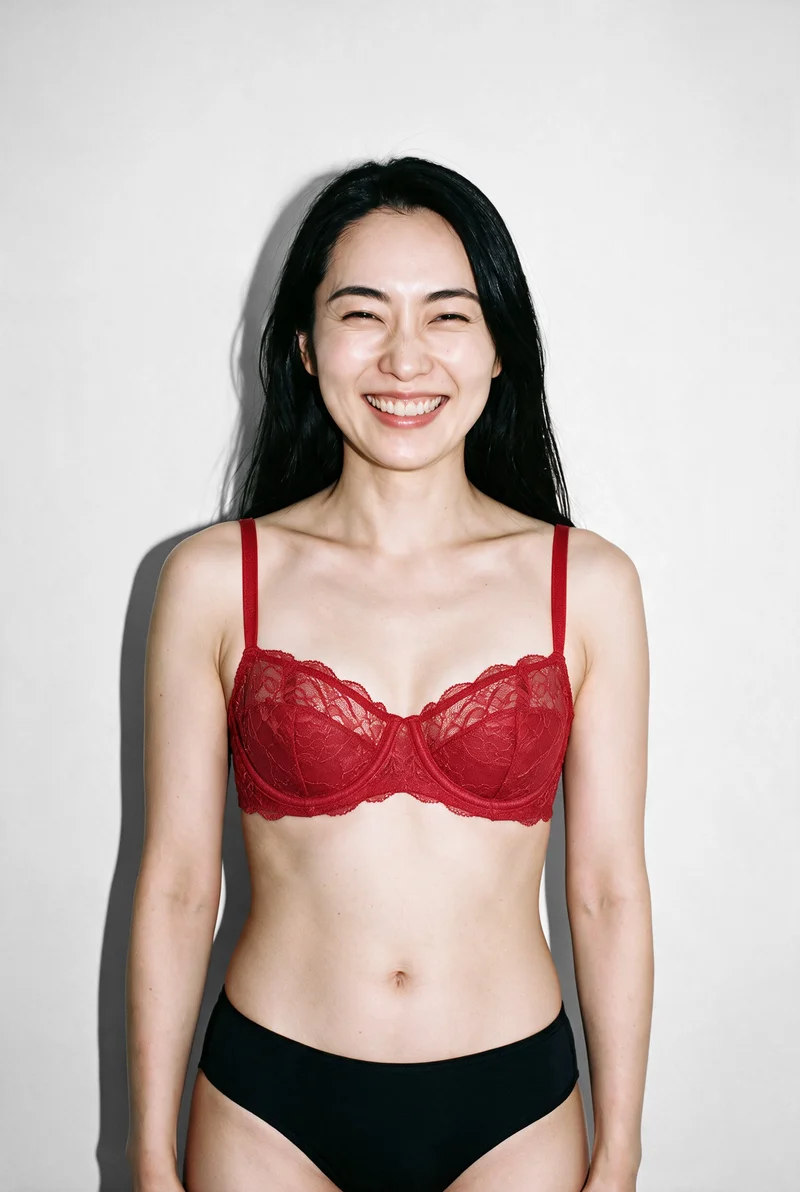 Red Balconette Bra, Upper body at Front, Natural E-Commerce lighting