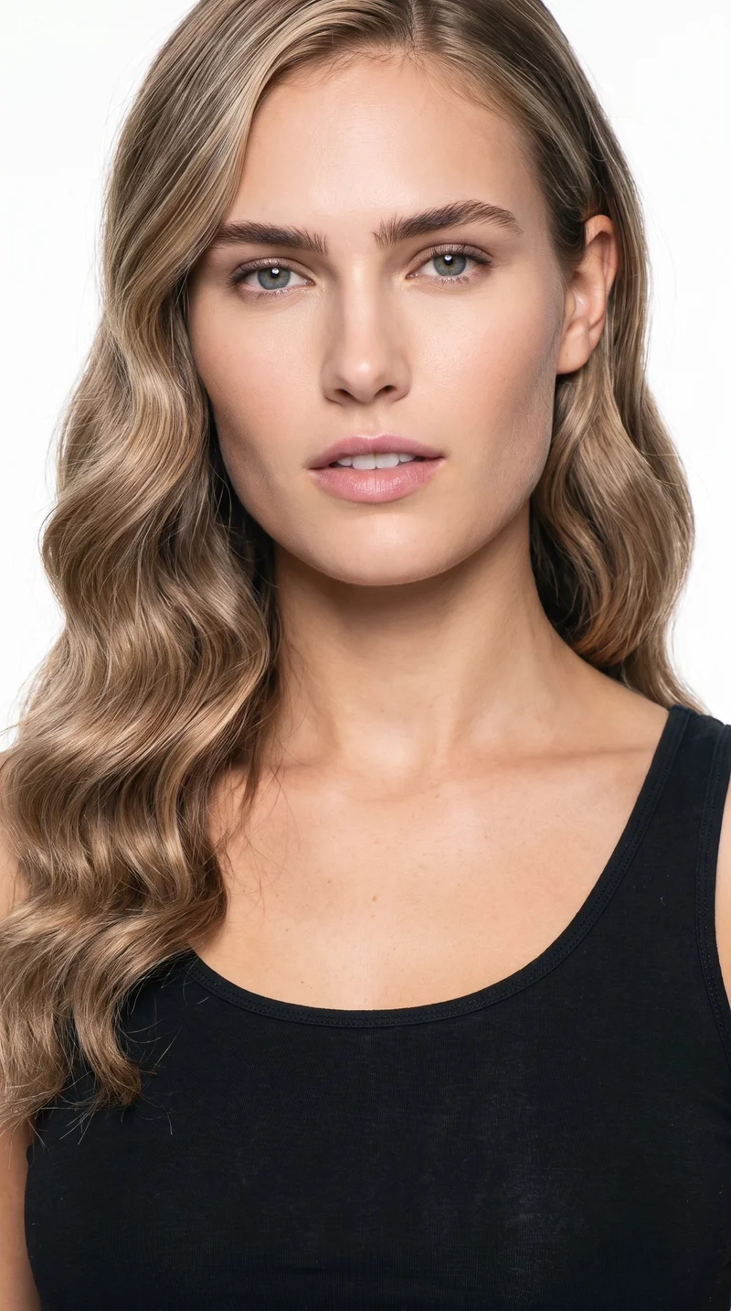 A 20-year-old Caucasian woman with lightly tanned fair skin and a cool undertone. Her square face has a broad forehead and a strong, defined jaw, creating an angular, structured appearance. She has thick eyebrows, cool blue eyes, and thin lips. Her dirty-blonde hair is styled in large, polished waves with a smooth, glamorous finish.