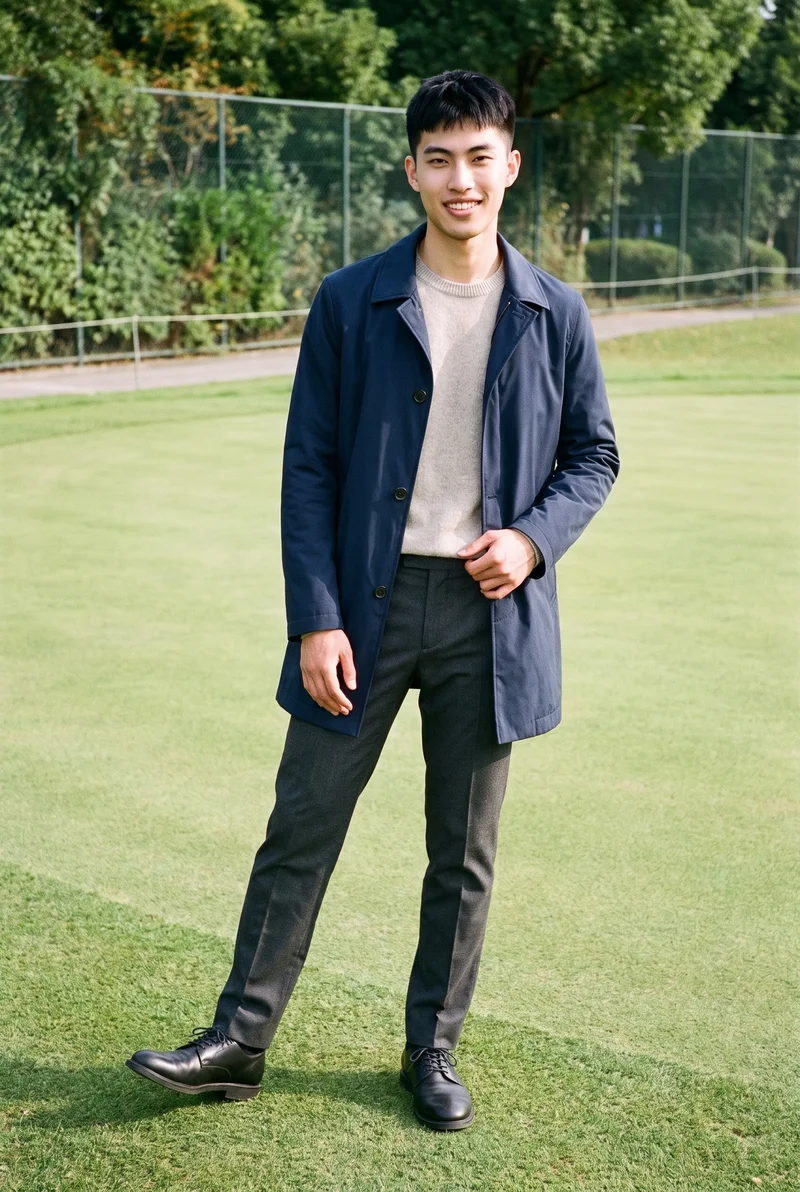 An 18-year-old Chinese man wears a navy waterproof raincoat in a full-body front view. He is smiling with one foot forward, against a golf course fairway backdrop.