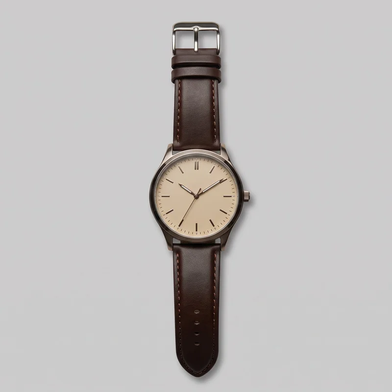 A standalone men's brown leather analogue wristwatch is shown from overhead, nearly complete, with its round dial centered and the strap extending vertically. The plain dial has slim baton hour markers, minute tick marks around the outer edge, three central hands, and a double marker at 12 o'clock. A crown is visible on the right side of the case, while the strap shows stitched edges, adjustment holes, two keeper loops, and a rectangular pin buckle.