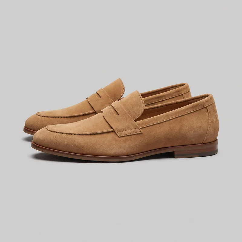 A complete pair of men's tan suede slip-on penny loafers is shown in an angled side view, with one shoe fully visible and the second positioned behind it. The shoes have rounded almond moc toes with apron stitching, raised saddle straps with central penny slots, low stacked block heels, stitched side seams and collars, vertical heel seams, and layered sole edges.