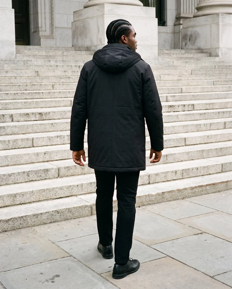 A 28-year-old African man wearing a black parka is shown full body from the rear while walking on courthouse steps. The courthouse steps form the backdrop.