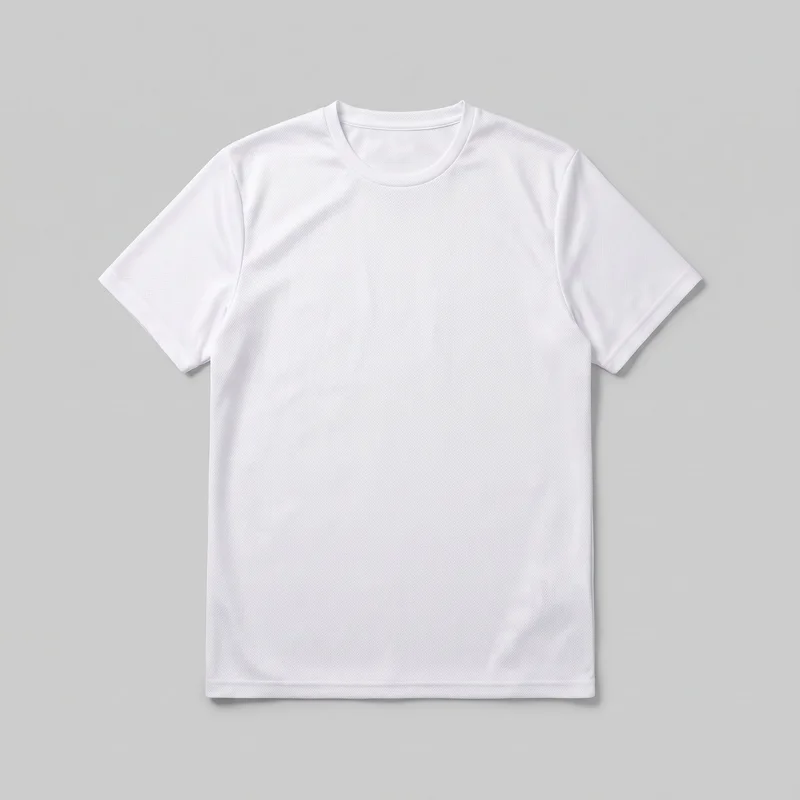 A plain white men's athletic T-shirt is shown laid flat in a standalone front view. The regular-fit shirt has a crew neckline with a narrow bound neckband, set-in short sleeves, straight side seams, and a straight full-length hem. Its surface has a fine overall textured mesh-like knit, with stitched sleeve and bottom hems and no visible closures, pockets, logos, prints, patches, embroidery, or embellishments.