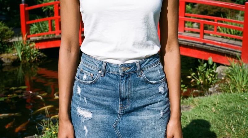 A model wears a distressed denim skirt, shown from the front with her hips level and the frame cropped to the hips. A red koi pond bridge backdrop is visible behind her.