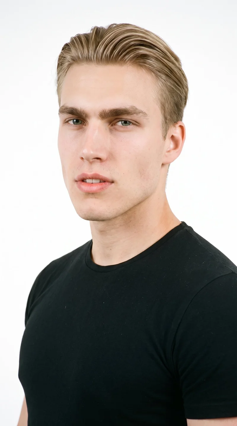 This 19-year-old Slavic man has a porcelain skin tone with a cool undertone. His face is chiseled, with sharp angular features, a defined jaw, and pronounced cheekbones. He has thick eyebrows, blue eyes with a cool undertone, and full lips. His mid-tone blonde hair is combed flat and back close to the head, and he is clean-shaven with smooth skin across the whole face.