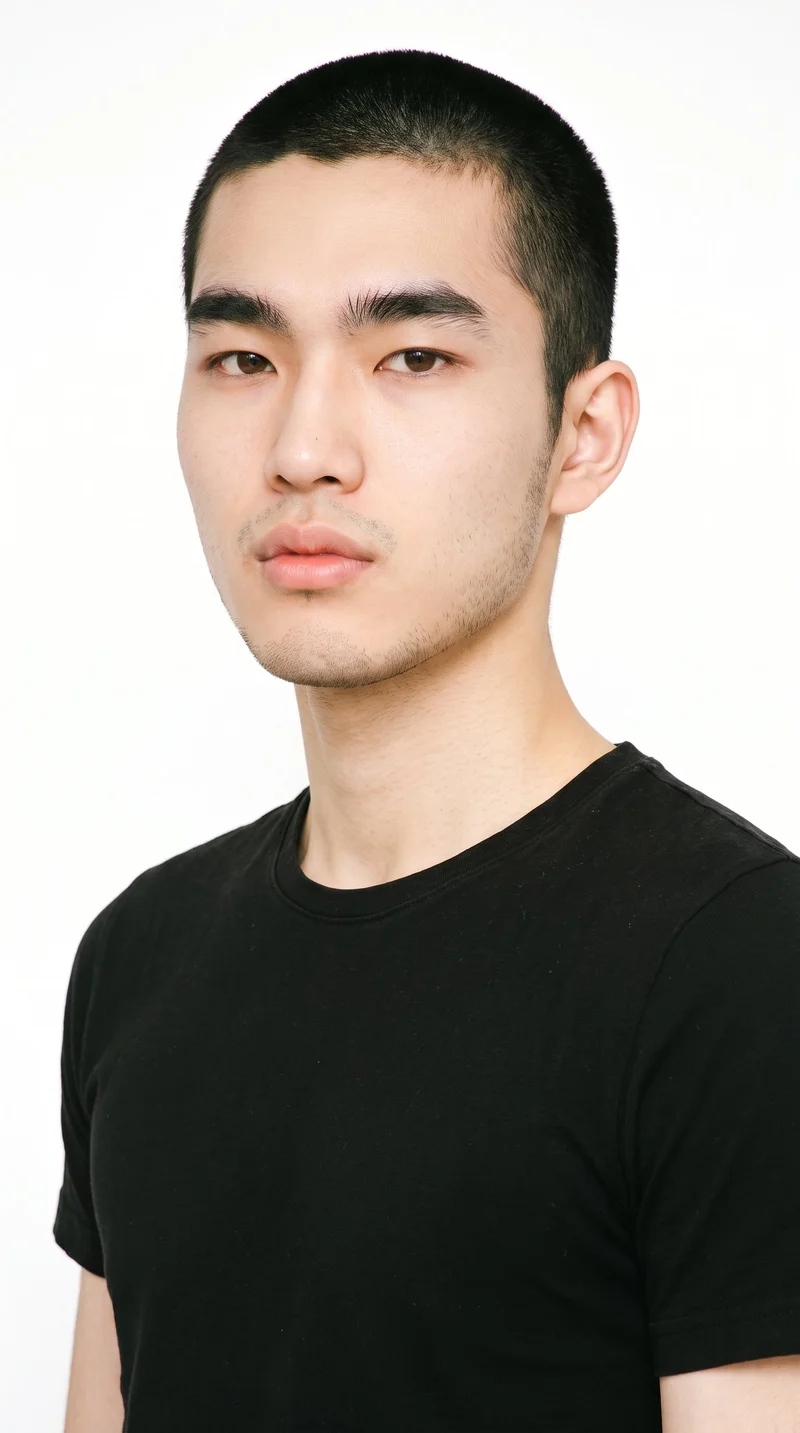 A 19-year-old Korean man with fair skin and a warm yellow undertone has a softly refined, even face with East Asian features. His eyebrows are thick, his eyes are brown, and his lips are full. His black hair is clipped very short and evenly in a buzz cut, and fine, closely trimmed stubble lightly covers the beard area.