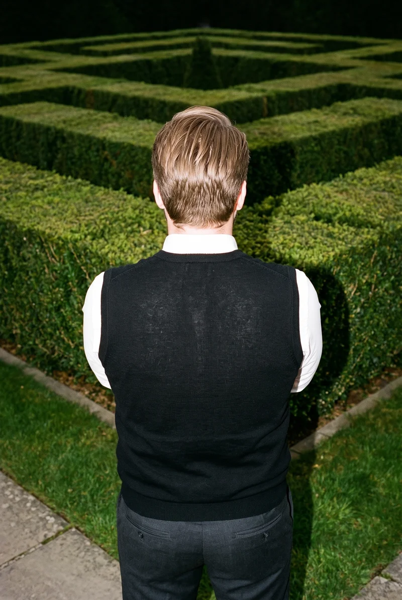 Men's Black Sweater Vest, Upper body at Back, Flash Editorial lighting