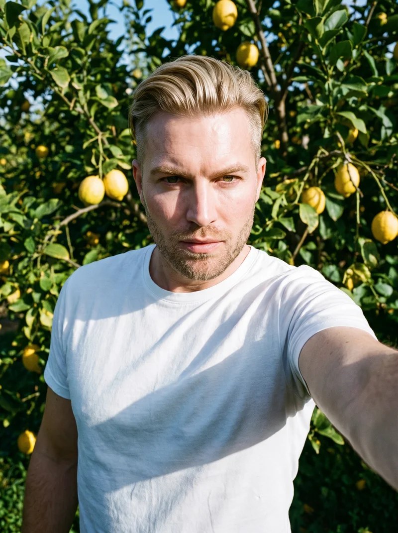 Men's White Crew-Neck T-shirt, Selfie at Front, Flash Editorial lighting