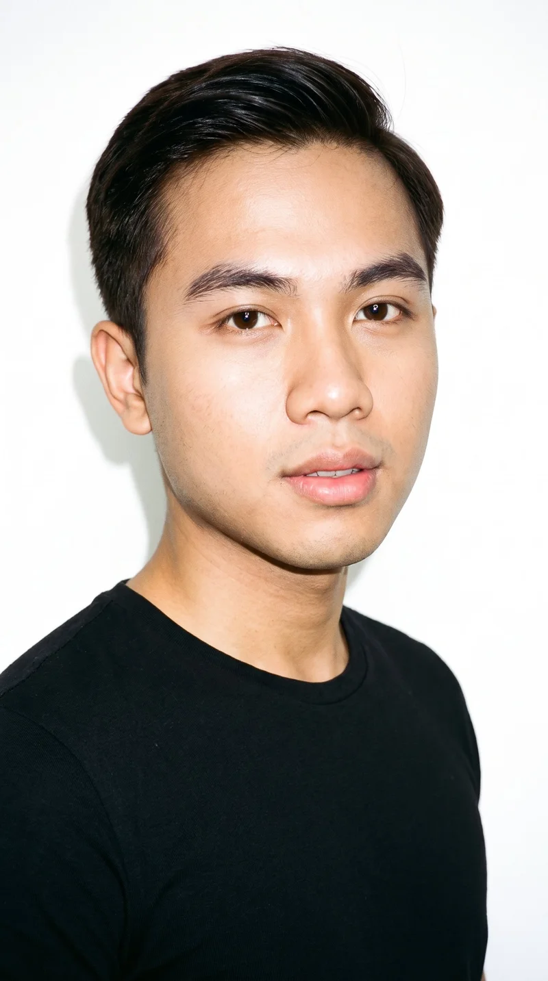 A 21-year-old Southeast Asian man with honey skin and a warm golden undertone. His face is round, with soft, full contours, gentle curves, and few angles. He has medium-thick eyebrows, very dark near-black eyes, and full lips. His dark-brown hair is combed to one side along a defined part, and his face is clean-shaven with no facial hair.