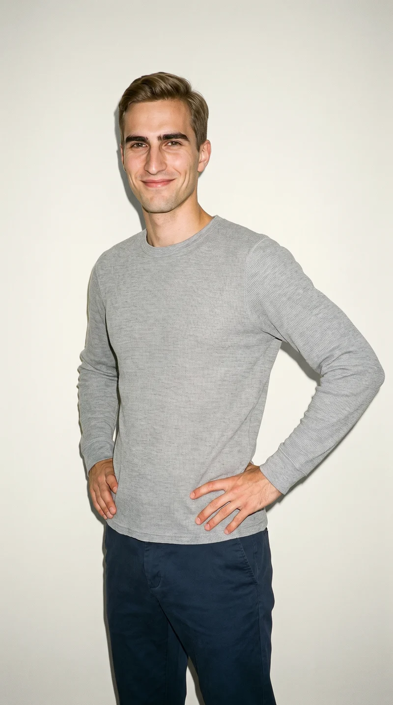 Men's Grey Thermal Base Layer, Three-quarter length at Three-quarter, Clean Catalog lighting