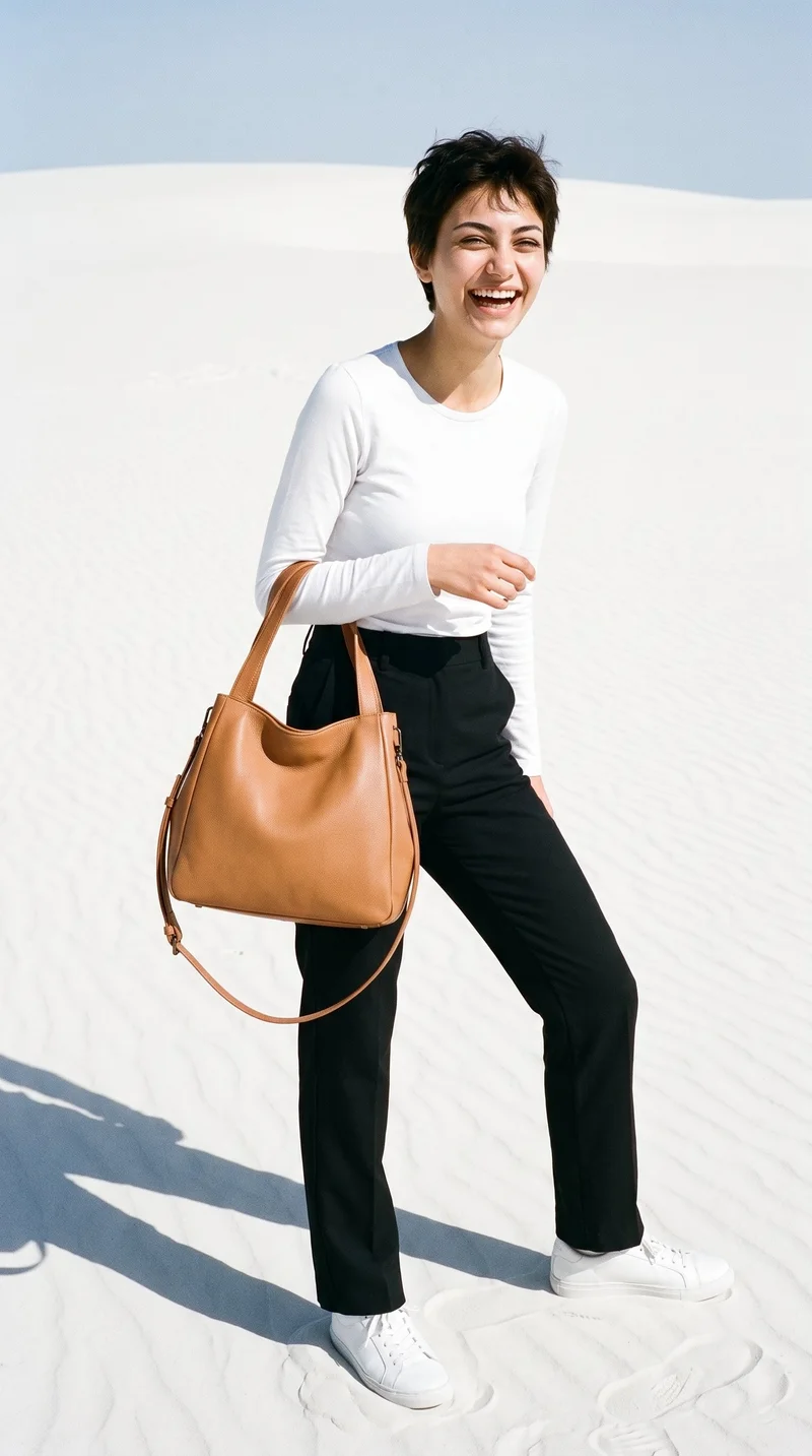 A 19-year-old Turkish woman is shown full body from an angled front view, laughing while carrying a tan slouchy shoulder bag on her arm. White sand dunes form the backdrop.