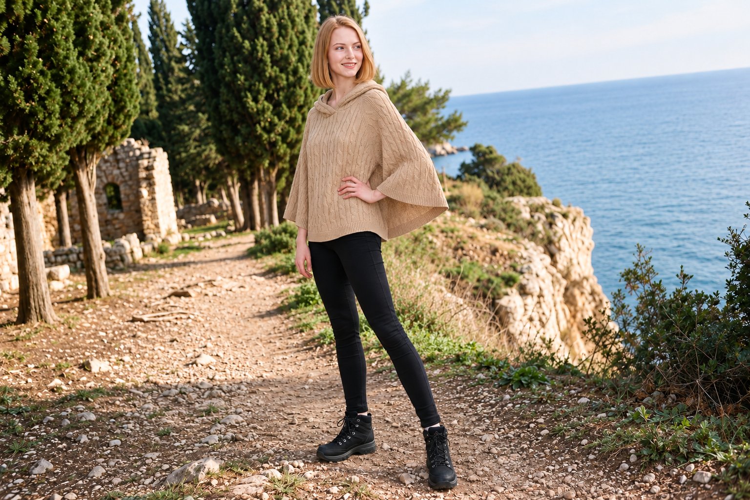 A 20-year-old Caucasian woman wears a beige knitted cape in a full-body, angled-front view with one hand on her hip and a natural expression. A coastal trail cypress ruins backdrop surrounds the scene.