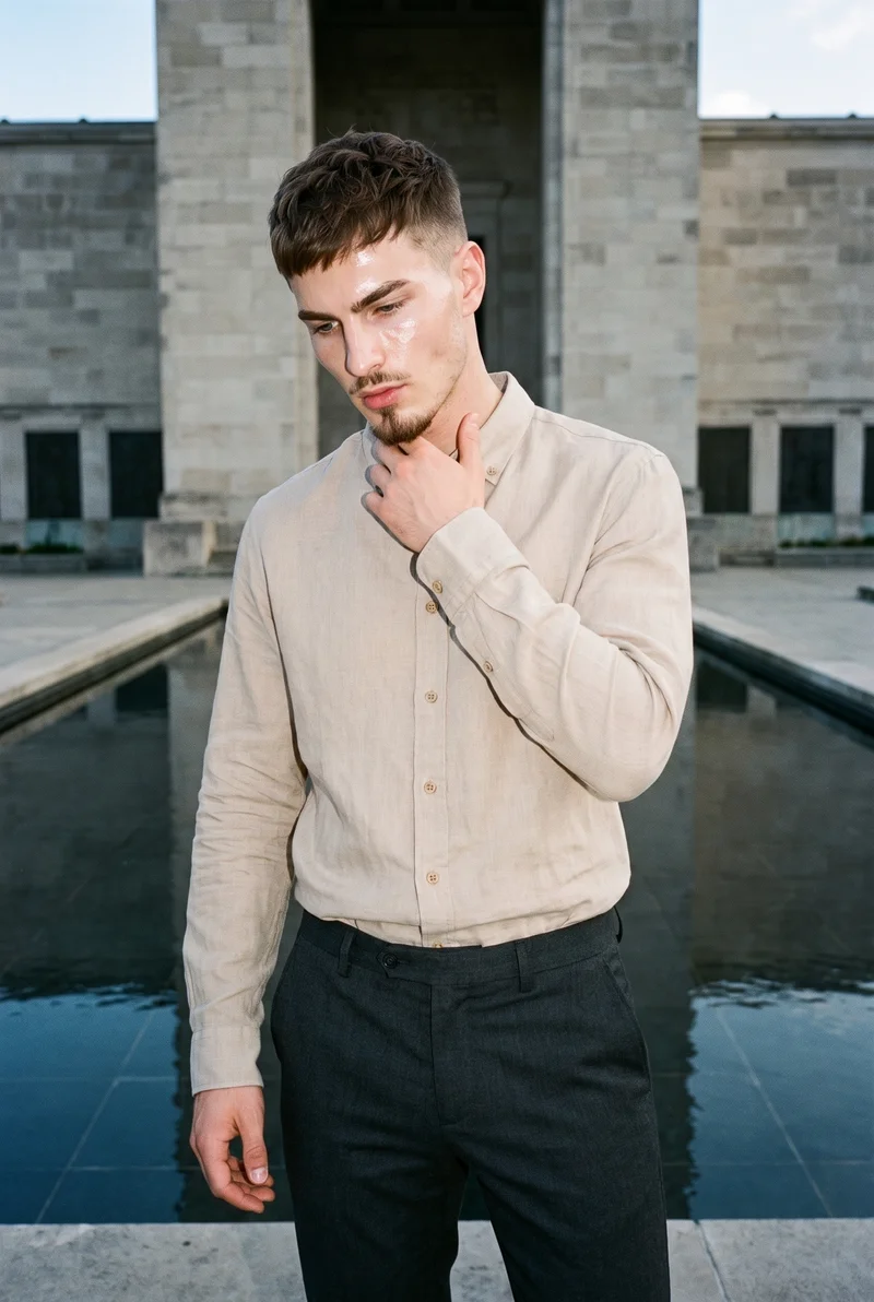 Beige Linen Shirt, Upper body at Front, Natural E-Commerce lighting
