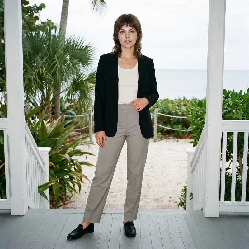 A 20-year-old Caucasian woman wears a women's black tailored blazer in a full-body, front-facing view. She stands with one foot forward and a neutral expression against a Key West porch backdrop.
