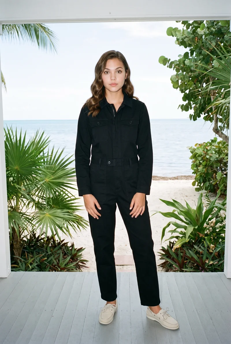 Women's Black Boilersuit, Environmental at Front, Clean Catalog lighting