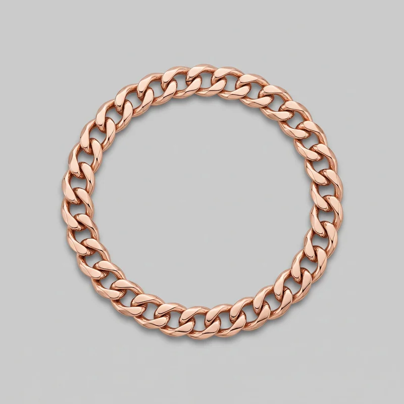 A complete men's rose gold chain bracelet is laid in an oval loop in an overhead product view. It consists of interlocking curb links with smooth flattened faces and rounded edges, each passing diagonally through the next to form a repeating twisted chain pattern. No clasp or charms are shown.