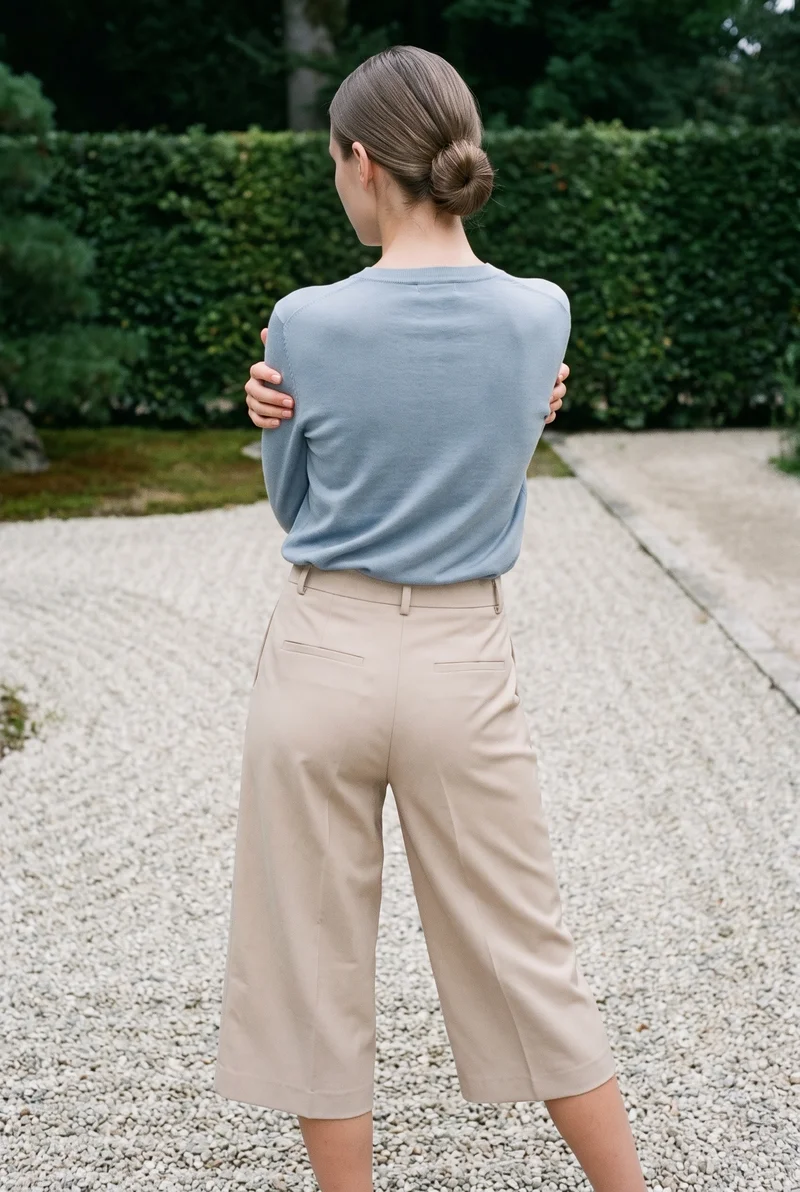 Beige Tailored Culottes, Full body at Back, Clean Catalog lighting