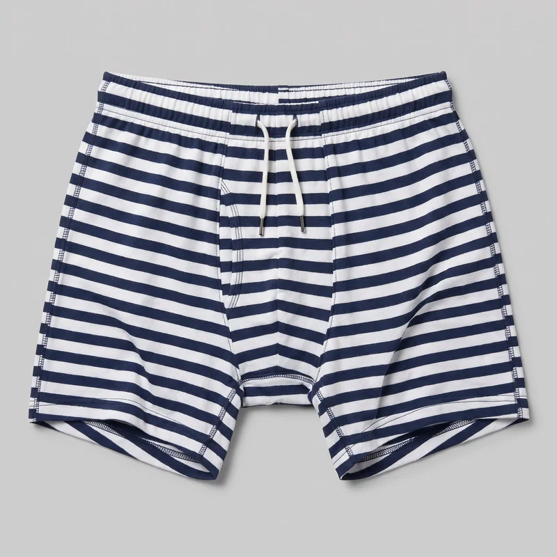 Men’s striped boxer-brief underwear is shown laid flat in a mostly complete front view. The close-fitting trunks have an elasticated waistband, short straight legs, stitched hems, a centered drawstring with exposed cord ends and narrow metal-looking tips, an overlapping front fly panel, and visible side-seam and topstitching details.