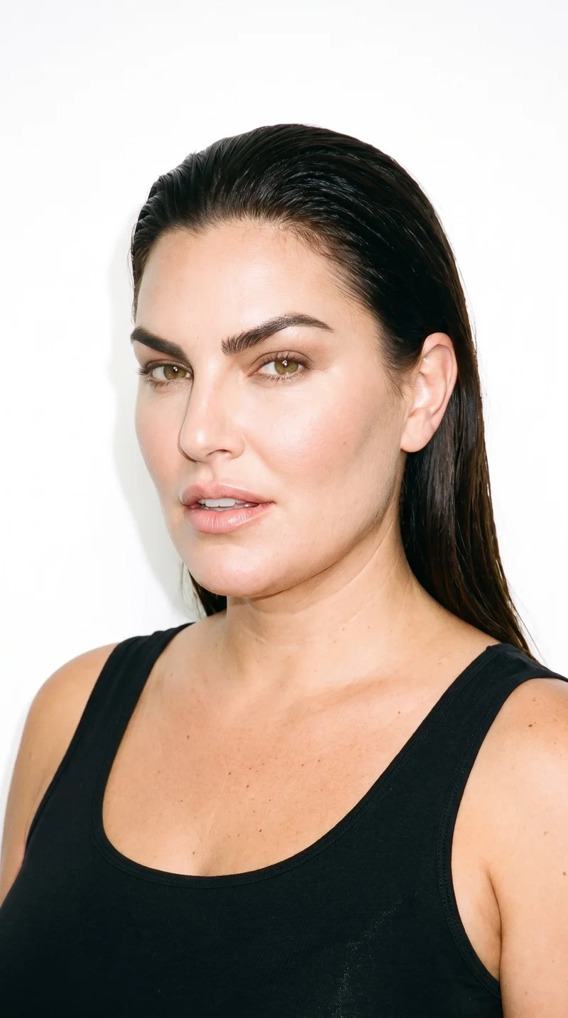 A 50-year-old Caucasian woman with lightly tanned fair skin and a warm golden undertone. Her diamond-shaped face has a narrow forehead and jaw, with the greatest width across the cheekbones. She has thick eyebrows, hazel eyes with green-gold flecks, and full lips. Her dark-brown hair is combed flat and back off her face, close to the head.