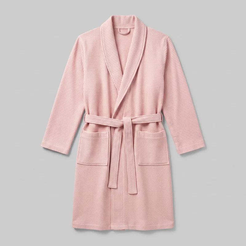 A blush pink men's wrap-front bathrobe is shown alone in a front-facing view. It has a wide shawl collar forming an open V-shaped front, long straight sleeves with plain cuffs, an integrated waist tie tied at the front, two lower rectangular patch pockets, and a straight hem. The robe has an all-over waffle grid texture with narrow bound edges.