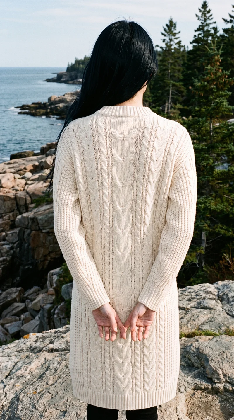 Cream Cable-Knit Sweater Dress, Three-quarter length at Back, Flash Editorial lighting