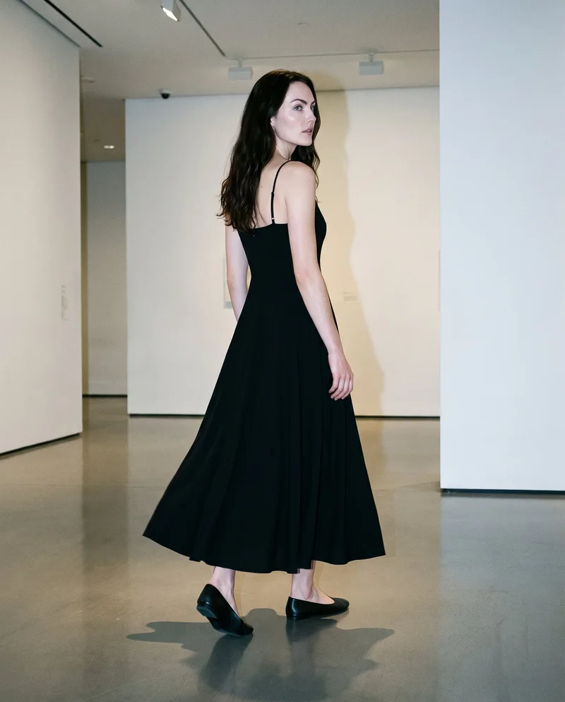 A 25-year-old Caucasian woman is shown full body from an angled rear view while walking in a black maxi dress. A museum gallery forms the backdrop.