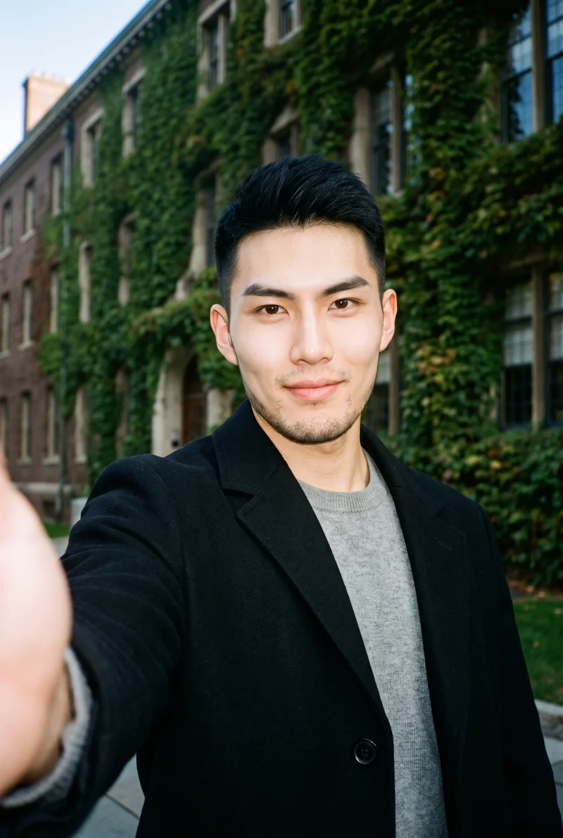 Men's Black Overcoat, Selfie at Front, Natural E-Commerce lighting