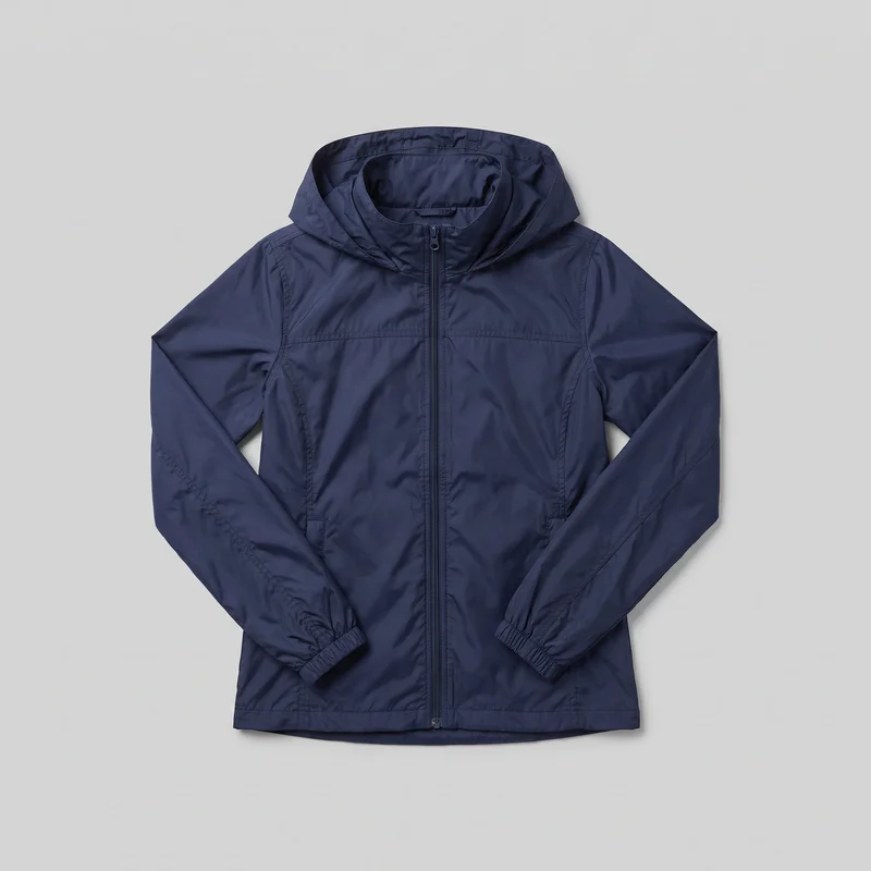 A mostly complete front view of a women's navy hooded windbreaker laid flat against a backdrop. The jacket has a full center zipper with a ring pull, a high neckline integrated into the hood, long sleeves with gathered elastic cuffs, angled welt pockets, curved side-panel seams, a horizontal chest seam, shoulder and yoke seam lines, stitched detailing around the hood opening, and a straight hip-length hem.