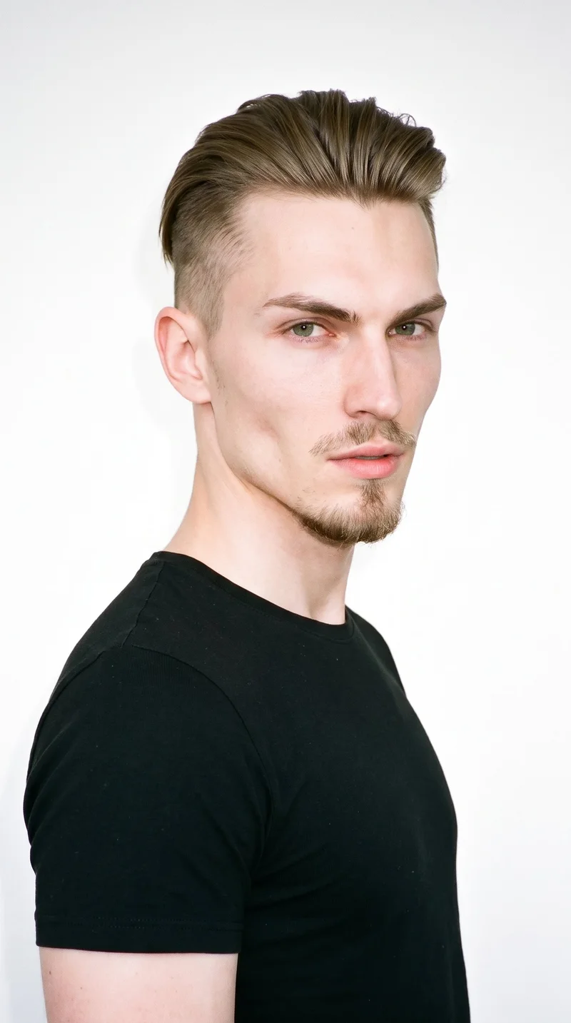 A 23-year-old Caucasian man with porcelain skin and a cool undertone has a chiseled face with sharp, angular features, a defined jaw, and pronounced cheekbones. His medium-thickness eyebrows frame green eyes, and his medium lips sit above a compact goatee centered on the chin, with the cheeks kept clear. He has ash-brown hair with a cool undertone, worn longer on top with markedly shorter sides and back.